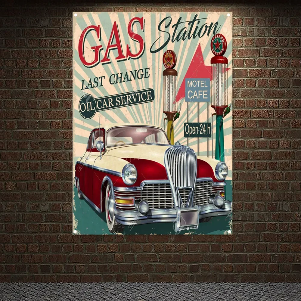 Auto Repair Shop Open - GAS Station Open 24h Vintage CAR